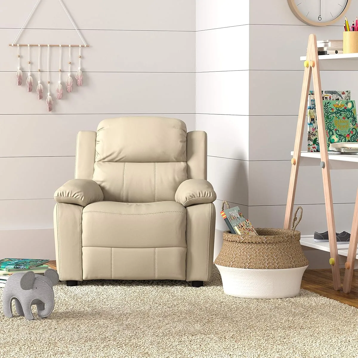 Amazon Basics LeatherSoft Kids Youth Recliner with Armrest Storage for Ages 3 