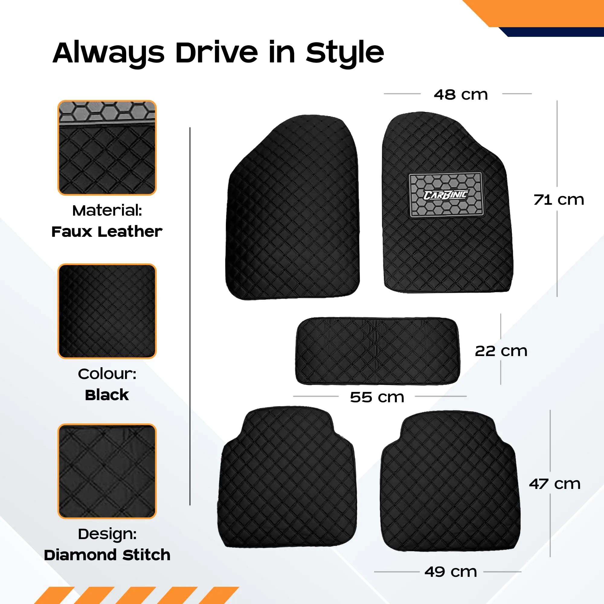 CARBINIC Leather 4D Car Mats - Universal Fit Premium Double Layered Car Foot Mats Anti-Skid Car Floor Mats Waterproof Heel Pad Car Accessories - nterior For All Cars, Black