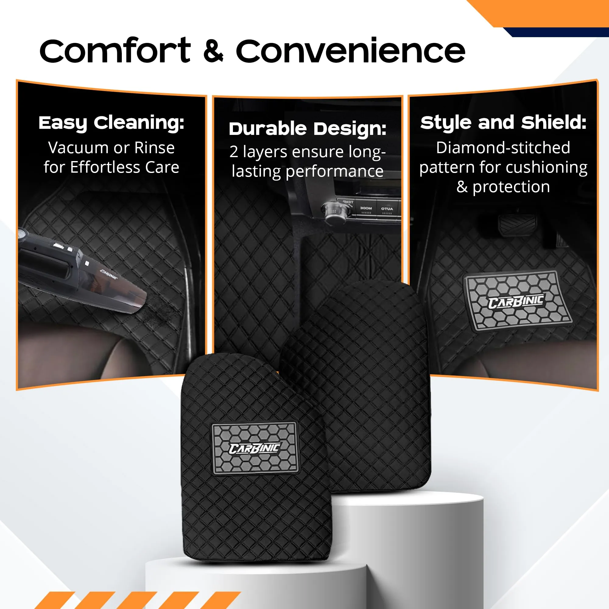 CARBINIC Leather 4D Car Mats - Universal Fit Premium Double Layered Car Foot Mats Anti-Skid Car Floor Mats Waterproof Heel Pad Car Accessories - nterior For All Cars, Black