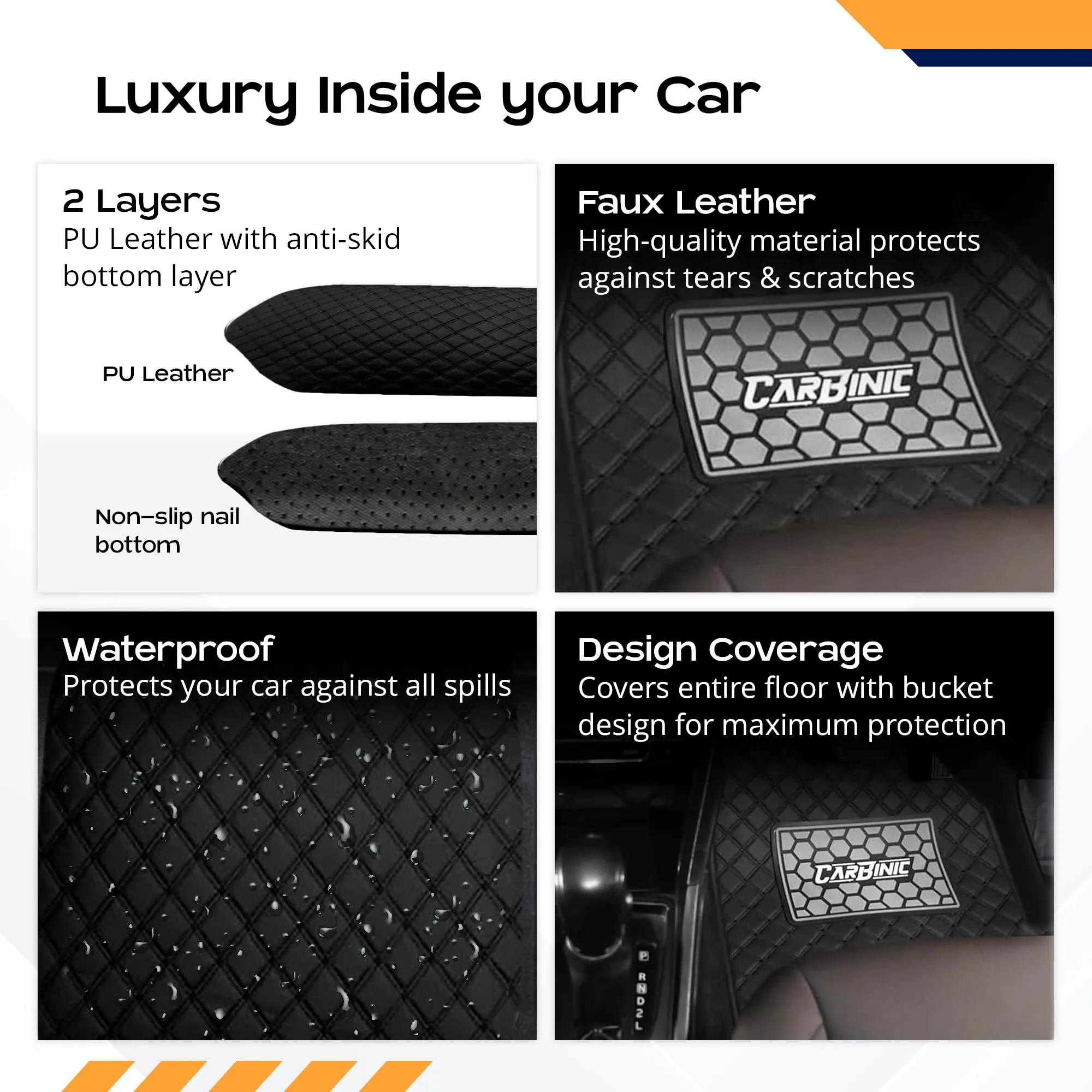 CARBINIC Leather 4D Car Mats - Universal Fit Premium Double Layered Car Foot Mats Anti-Skid Car Floor Mats Waterproof Heel Pad Car Accessories - nterior For All Cars, Black