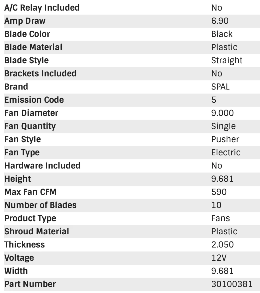 SPAL Electric Fan (9" - Pusher Style - Low Profile - 590 CFM) 30100381